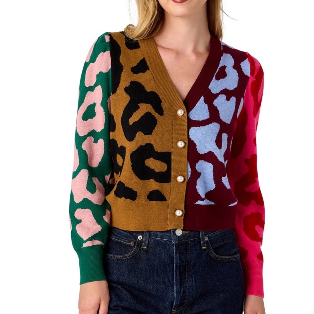 Jovie Cashmere Blend Intarsia Knit Color Block Leopard V-Neck Long Sleeve Button